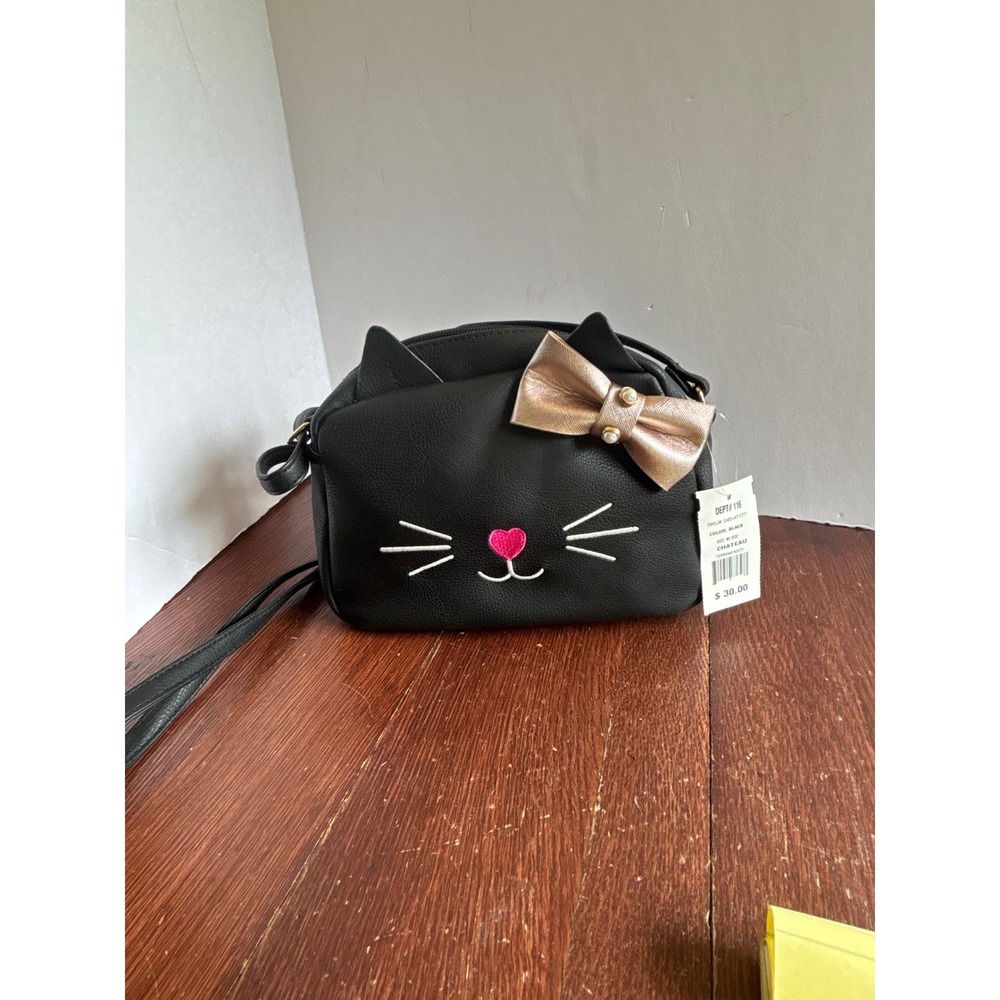 Chateau Black Cat Face Crossbody Bag Rose Gold Bow Pearl Novelty Purse NWT